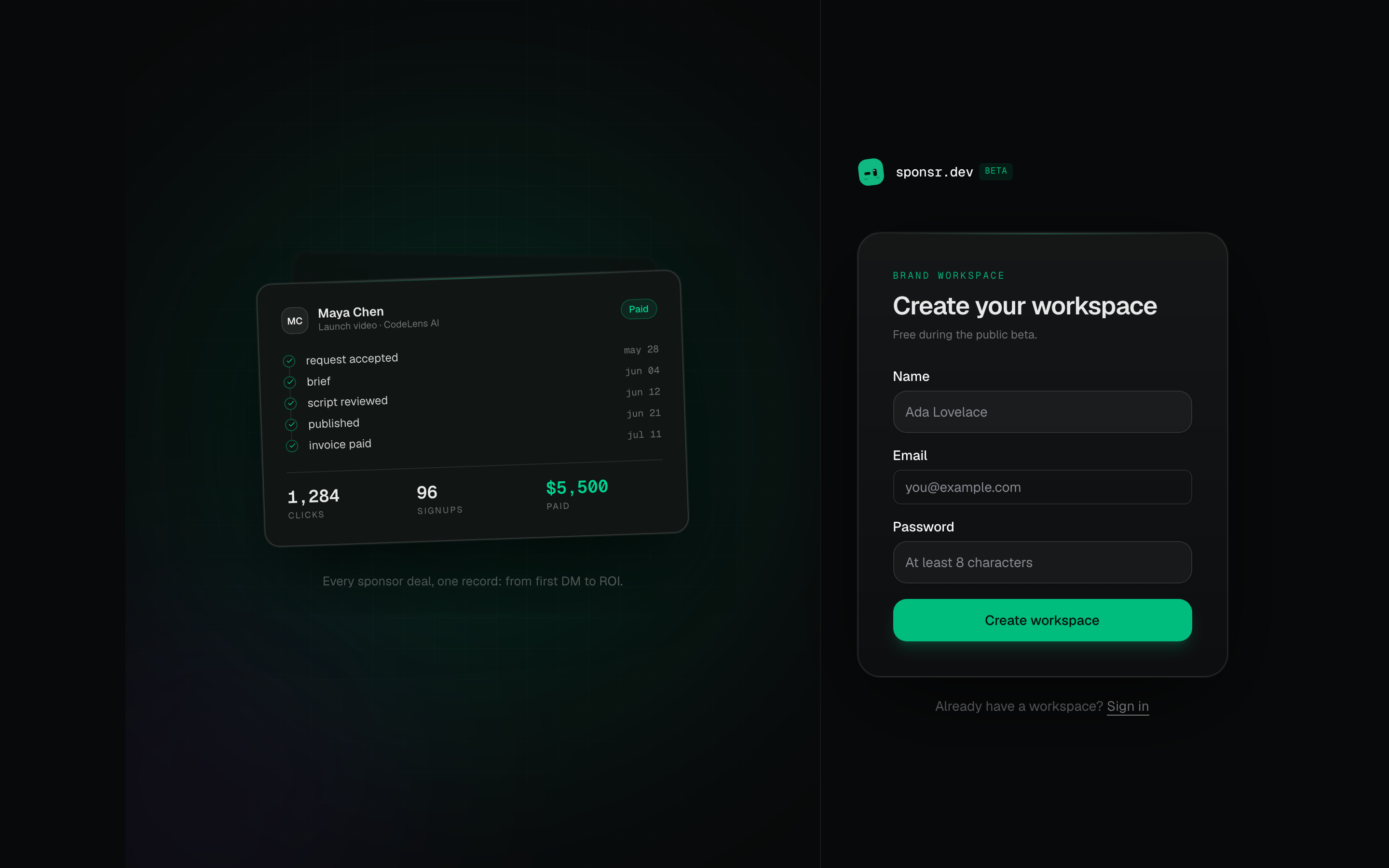 The sponsr.dev signup screen