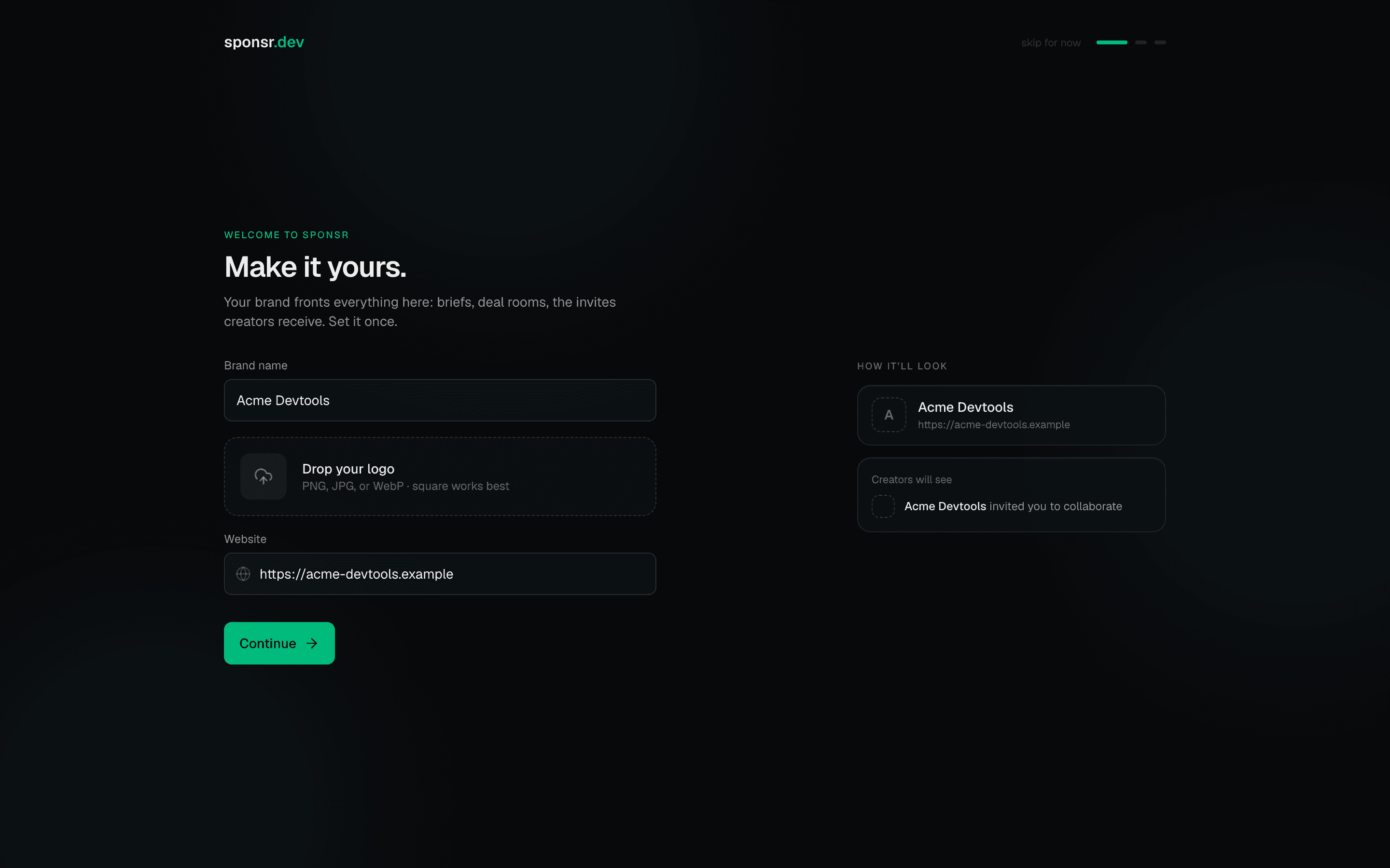 Brand onboarding: name, logo, and website