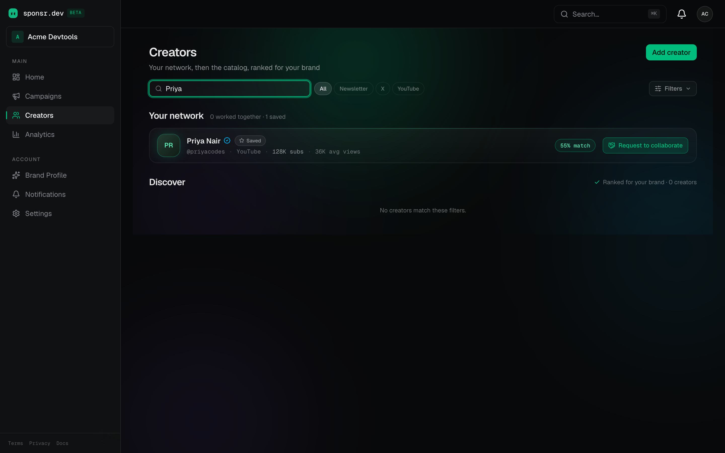 The ranked creator catalog with a match score and verified badge