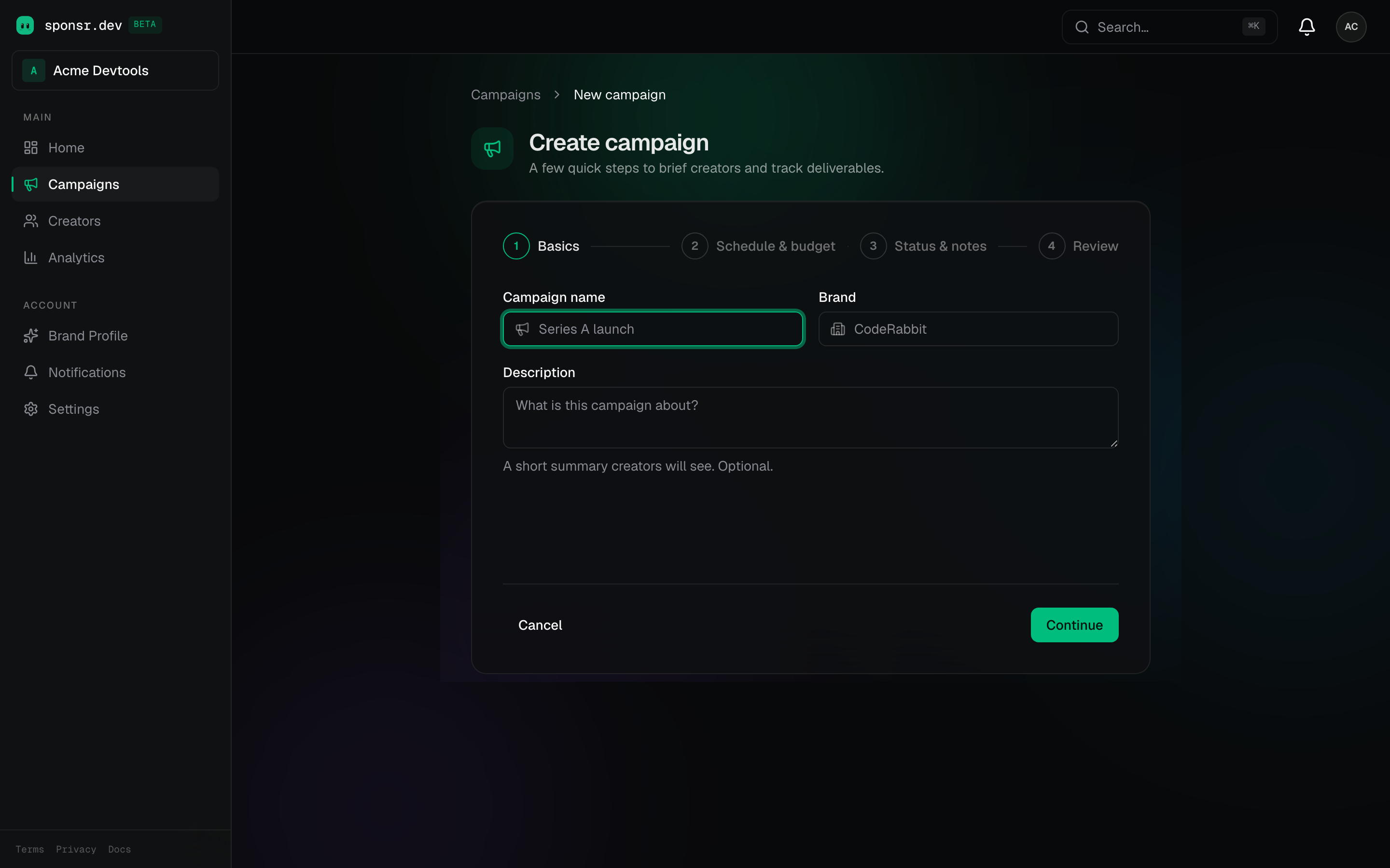 The create-campaign wizard: basics, schedule and budget, review